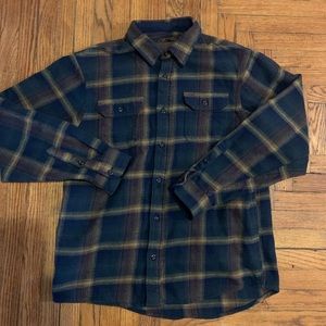 Orvis Flannel Shirt Jacket Shacket Pockets Plaid Blue Tan Mens Large.